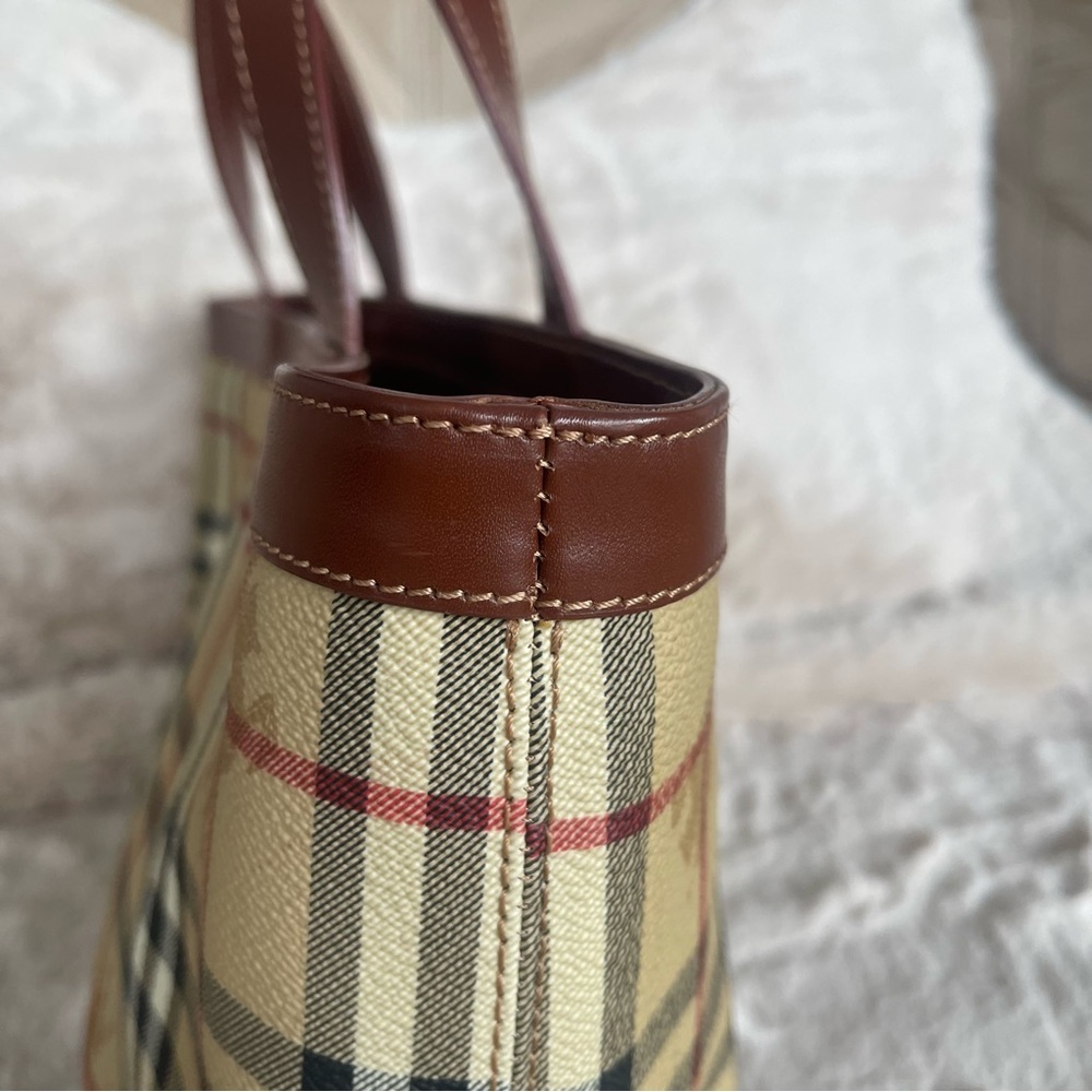 Burberry Tan Plaid Canvas Tote with Brown Leather Handles - Picture 10 of 11